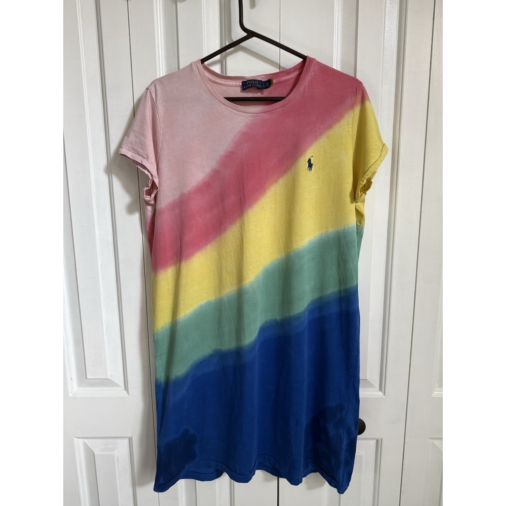 Polo Ralph Lauren Women's XL Rainbow Tie Dye T-Shirt Dress Cotton Short Sleeve